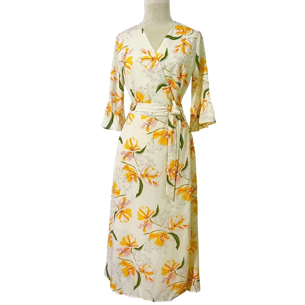 Floral Maxi Dress LIMITE Ivory Yellow Pink Long Sleeve Wrap Style Women's Size 3